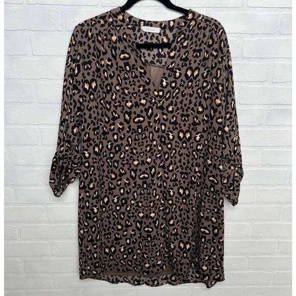 Entro Grey Black Brown Cheetah Animal Knee Length 3/4 Sleeve Slip Dress -sz L - Picture 1 of 6